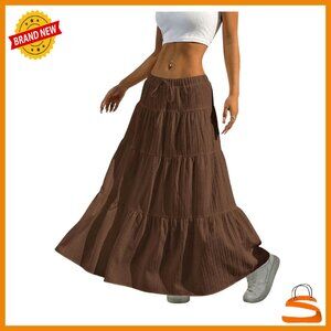 Flowy Maxi Skirt Elastic Waist Ruffle Hem A-Line Boho Tiered Long Skirt